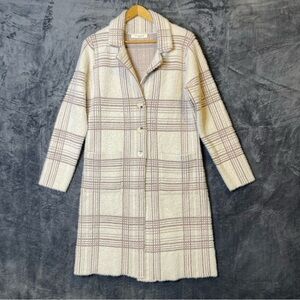 Love Stitch Coatigan Women Medium Kingston Ivory Plaid Long Cardigan Sweater
